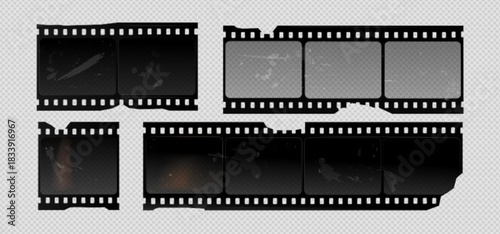 Torn vintage film strips set isolated on transparent background. Vector realistic illustration of old photo or movie frames with damaged edges, retro camera borders, black filmstrip, cinema filmmaking