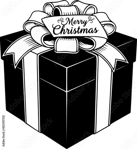 Black gift box with ribbon and merry christmas greeting
