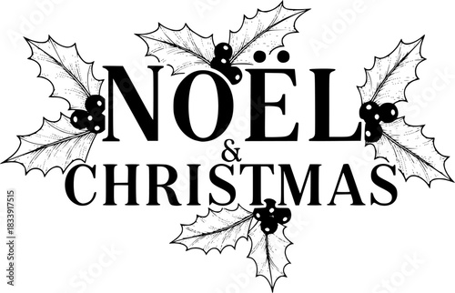 Noël Christmas Typography with Holly.
