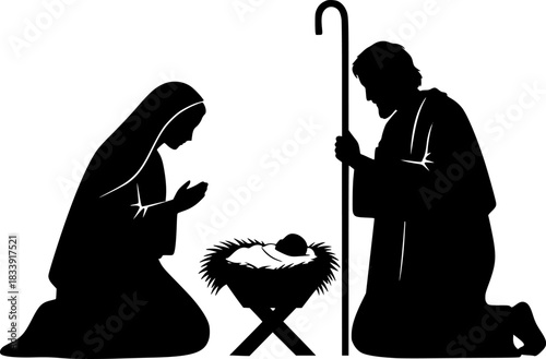 Nativity scene silhouette of mary joseph and baby jesus in manger silhouette

