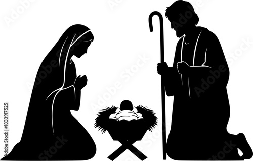 Nativity scene silhouette of mary joseph and baby jesus in manger silhouette
