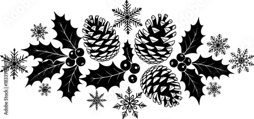 Silhouette of pine cones with holly and snowflakes isolated on
