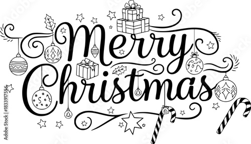 Merry christmas festive typography with ornaments gifts stars and candy canes isolated on transparent background
