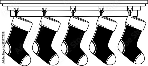 Row of stockings hung from a mantel with hooks, illustration art
