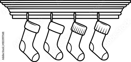 Row of stockings hung from a mantel with hooks, illustration art
