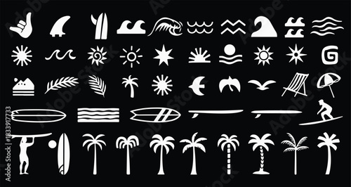 Surf and beach icon vector set with tropical elements like palm trees, waves, surfboards, and sun. Perfect for summer designs vector art