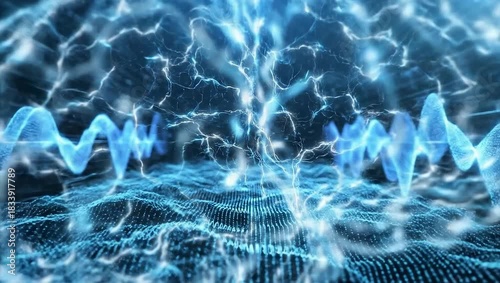 Abstract Digital Brain with Neural Network and Sound Waves in Blue Neon Glow