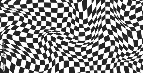 Y2k distorted checkerboard. Black and white psychedelic pattern. Wavy design for banner. Abstract warped effect background. Optical illusion print. Vector illustration