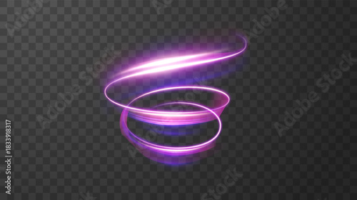 Vector illustration of dynamic, glowing spiral in vibrant neon colors (blue, purple, pink) on checkered grid. Retrofuturistic aesthetic of synthwave, outrun, and 80s retro gaming. Light spiral element