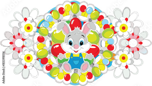 Cute cartoon bunny character wearing blue overalls surrounded by colorful easter eggs and decorative flowers perfect for spring and holiday celebrations