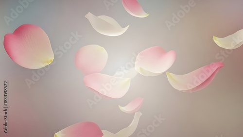 Soft pink rose petals gently falling against a muted textured background