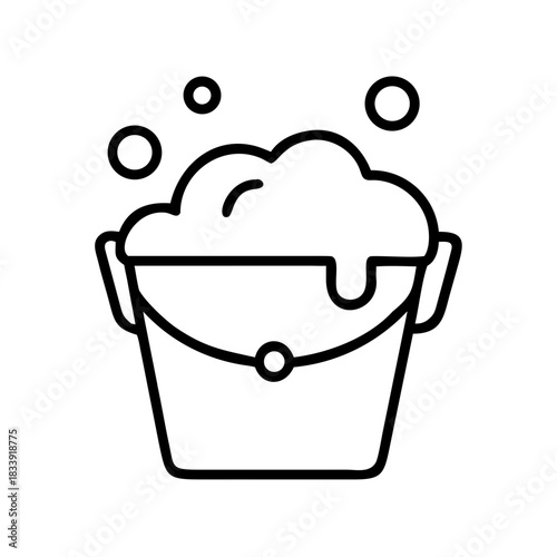 Cleaning bucket with soap bubbles in minimalist line art style  