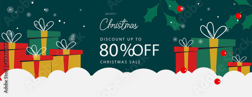 merry christmas sale offer banner with green leaf, gift box, 