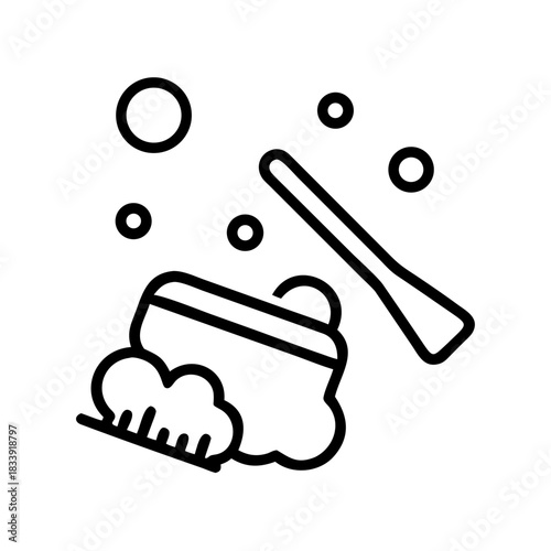 Cleaning supplies with sponge and bubbles in minimalist style  