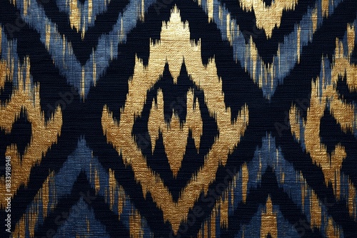 Dark navy Ikat background with metallic gold accents, luxury handcrafted pattern, rich visual depth
