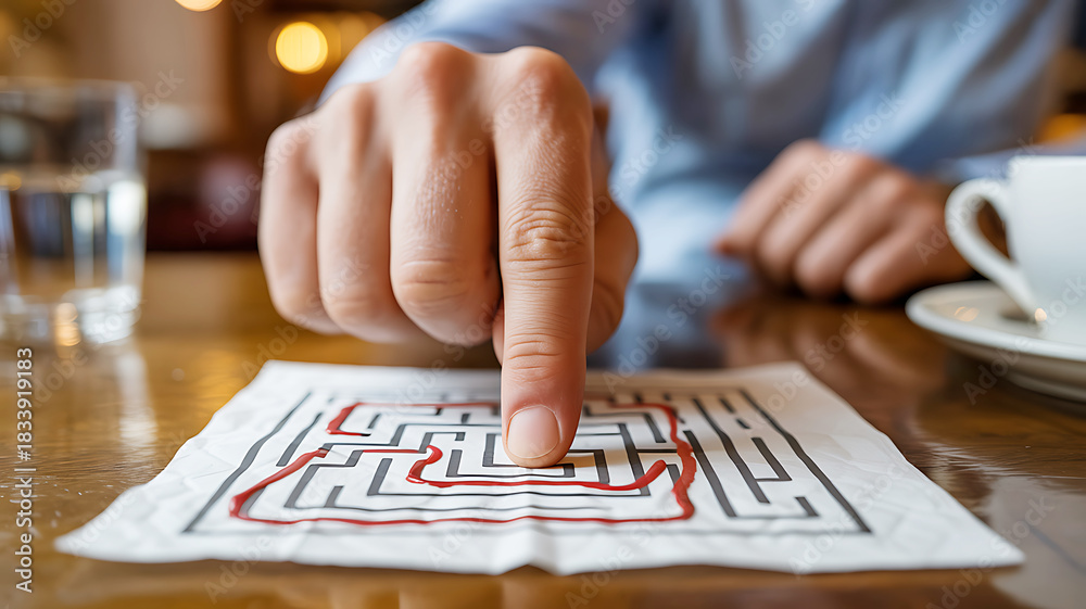 Obraz premium Solving the Puzzle of Life A Napkin Labyrinth and Finger Guidance