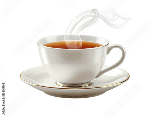 Side View Porcelain Teacup and Saucer with Steam Rising, Elegant Composition