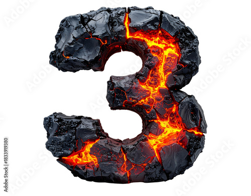 Fiery Lava Number Three Stone, Front View, Isolated on Transparent Background