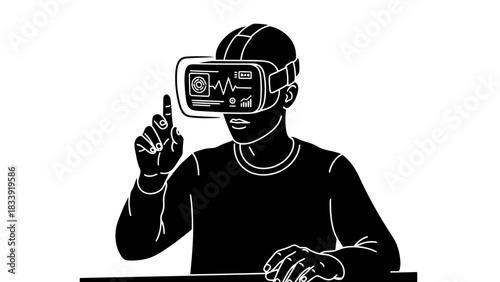 Person wearing virtual reality headset interacting with digital interface