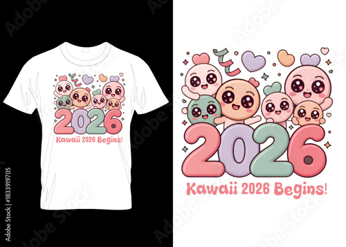 Cute Kawaii 2026 New Year Illustration with Stars and Moon – Happy New Year, Art. vector custom T-shirt design template 