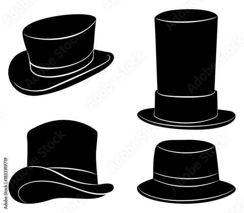Top Hat Silhouette Set. Classic Gentleman Hat Vector Collection