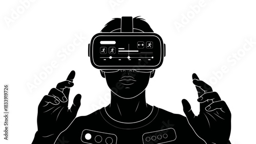 Person wearing virtual reality headset interacting with digital interface