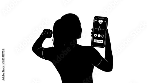 Silhouette of a woman flexing and holding a smartphone with a live stream app