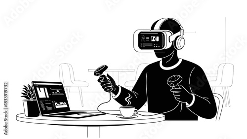 Man in vr headset using controllers in a cafe with laptop and coffee