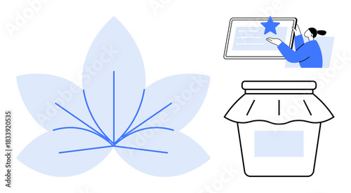 Wellness, digital learning, product quality, organic goods, creativity, artisanal products. Minimalist design a stylized leaf, jar and person interacting with a tablet. Wellness and digital learning