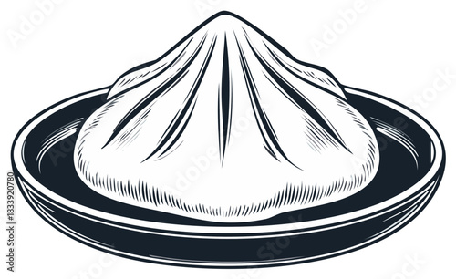 Traditional Asian steamed dumpling on a plate in a graphic black and white line art style