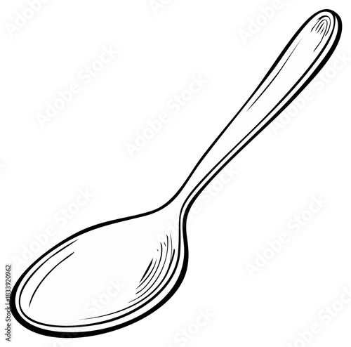Hand drawn spoon illustration in a vintage sketch style. Isolated black and white kitchen utensil for eating and cooking.