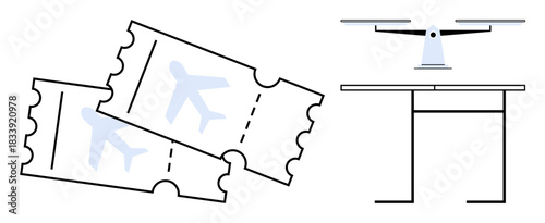 Air travel, ticketing technology, modern logistics, quadcopter delivery, travel planning, cargo systems. Tickets with airplane icons, Quadcopter above a table. Air travel and ticketing technology