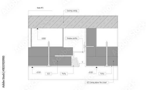 Vector drawing of a diagram, sectional view of the installation unit of a hidden curtain rod.