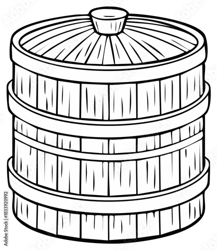 Bamboo steamer illustration, Asian cooking device with lid for steaming foods
