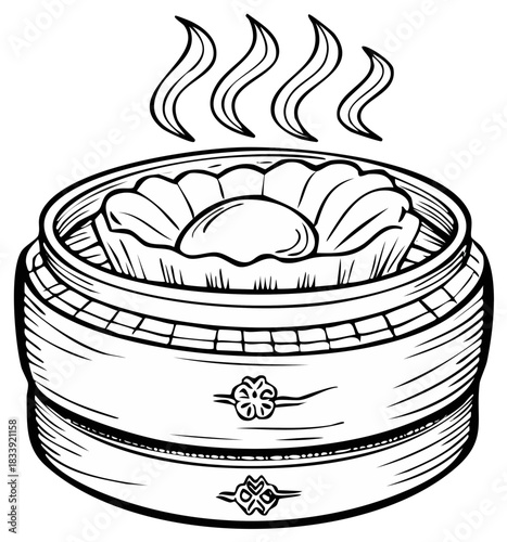 Steaming dumplings served in bamboo steamer delicious Asian food black and white illustration tasty snack food