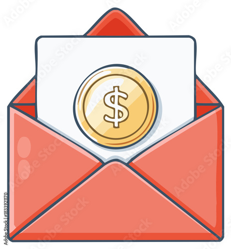 Financial Message Icon with a Gold Dollar Coin Coming Out of a Red Envelope
