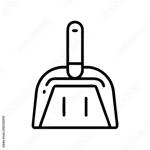 Line drawing of a dustpan with a handle on a white background  