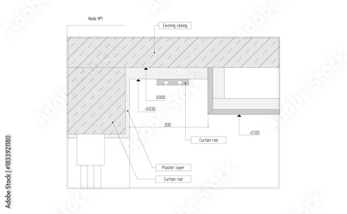 Vector drawing of a diagram, sectional view of the installation unit of a hidden curtain rod.