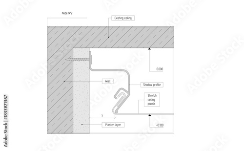 Vector drawing of a diagram, sectional view of the installation unit of a hidden curtain rod.
