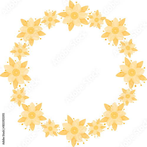 Elegant circular floral wreath created from gentle yellow linden blossoms. The soft pastel tones make it perfect for eco-friendly product packaging, organic branding, wedding.