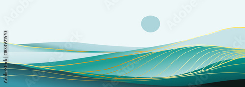 Mountain landscape background and line art pattern. creative minimalist modern art print. mountains, hills and beach. use for print art, poster, cover, banner