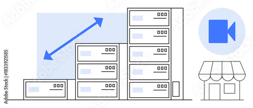 Data management, scalability, technology growth, cloud storage, video streaming, business operations. servers growing in size, with a video icon and retail store. Data management and scalability