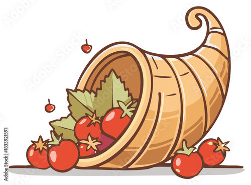 Traditional cornucopia filled with fresh tomatoes and green leaves, celebrating autumn harvest and plenty