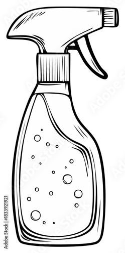 Black and white drawing of a spray bottle with liquid bubbles inside