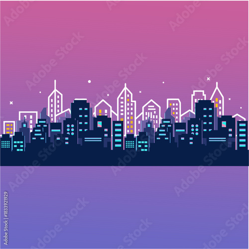 Modern neon city skyline with futuristic high rise buildings glowing at night in minimalist vector style featuring vibrant gradient sky and urban silhouette illustration