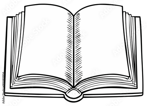 Open black and white book with blank pages ready for text and drawings