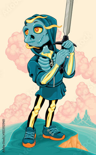 Horror cartoon version of the Page of Swords. Vector illustration.
