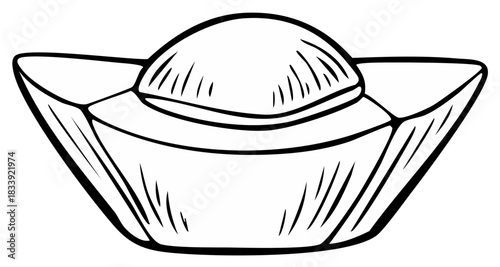 Line art drawing of ancient Chinese gold ingot Sycee for Lunar New Year