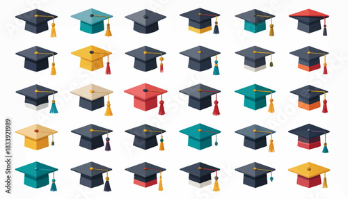 A collection of various colored graduation caps with tassels, arranged in a grid pattern, representing education and achievement.