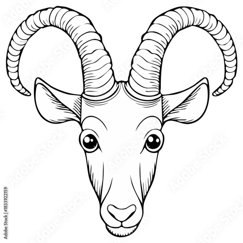 Detailed line drawing of a goat's head with large, curved horns, black outline on a white background, simplistic illustration.
